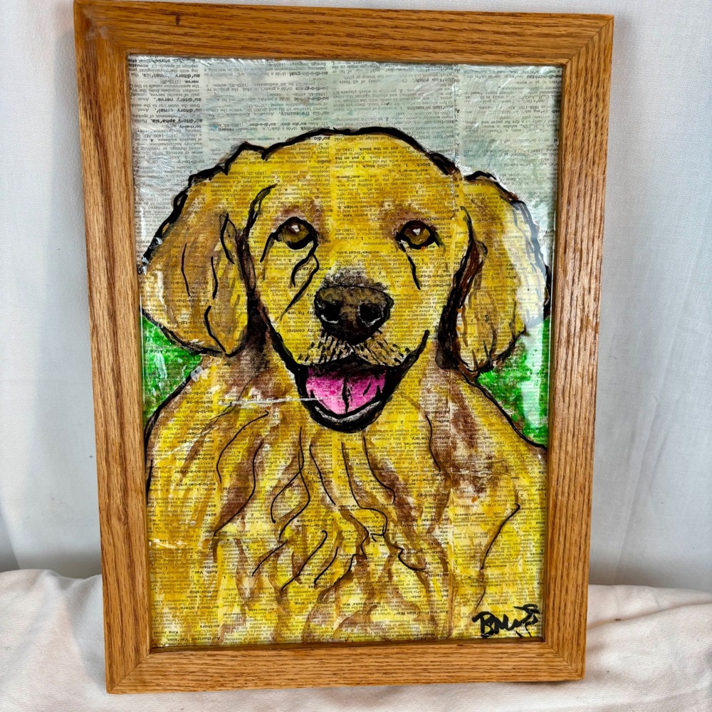 Golden Retriever Dog Mixed Media Dictionary Page Art Signed Framed 11x14